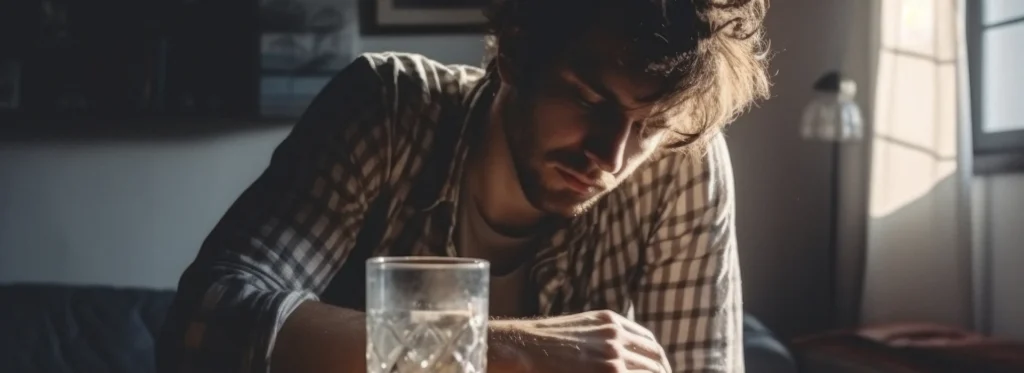 Hombre sufriendo de resaca después de tomar alcohol para calmar su ansiedad. 