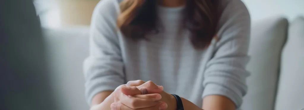Mujer estresada y jugando con sus manos intentando controlar sus búsqueda de placer.