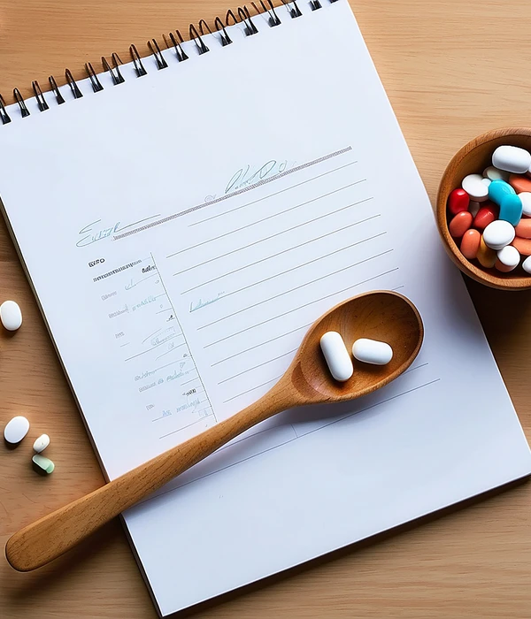 vista-superior-cuchara-madera-llena-pastillas-junto-bloc-page