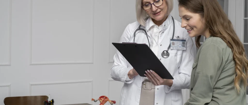 Doctora de edad mayor mostrándole a su paciente de género femenino sobre los síntomas de la adicción al sexo.